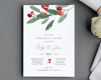 Winter Rehearsal Dinner Invitation, Self-Editing Template, Printable Holly Greenery Wedding Rehearsal Invite, INSTANT DOWNLOAD #071-139RD