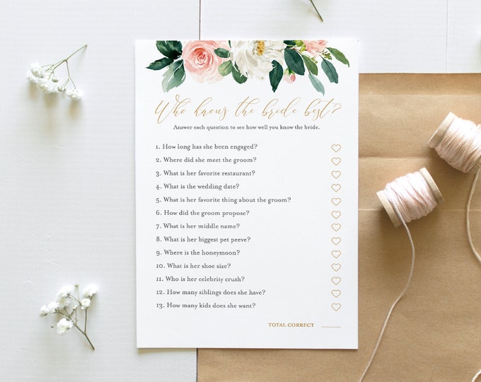 Who Knows the Bride Best, Bridal Shower Game, Instant Download, Self-Editing Template, Printable How Well Do You Know the Bride #043-115BG