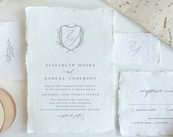 Wedding Crest Invitation Suite, Minimalist Wedding Invite, RSV, Details, Monogram, 100% Editable Template, Instant Download, Templett  0007A