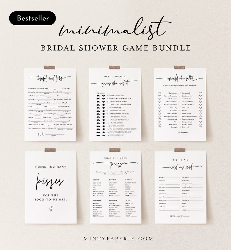 May include: A set of printable bridal shower game cards with minimalist black and white designs. The games include "He Said, She Said", "Would She Rather", "Bridal Word Scramble", "Guess How Many Kisses", and "What's in Your Purse".