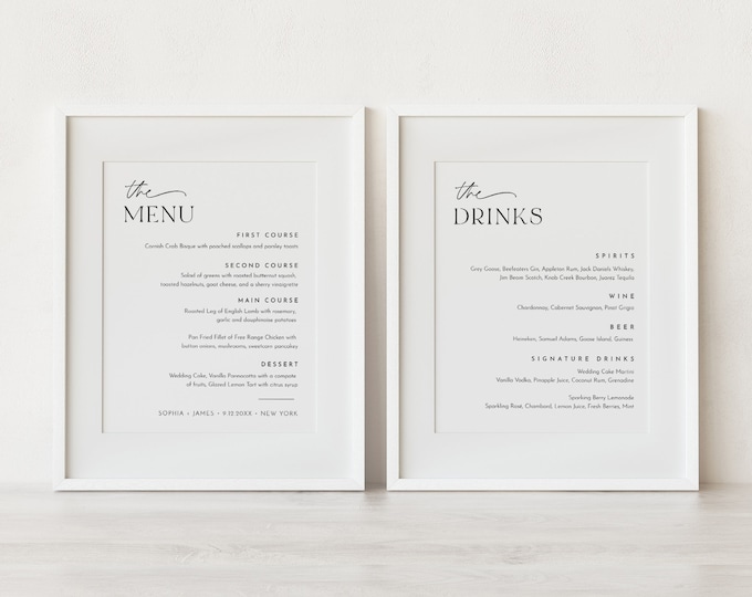 Dinner and Drink Menu Sign, Printable Modern Wedding Reception/ Bar Menu Sign, Editable Template, Instant, Templett, 8x10 #0032-223WM