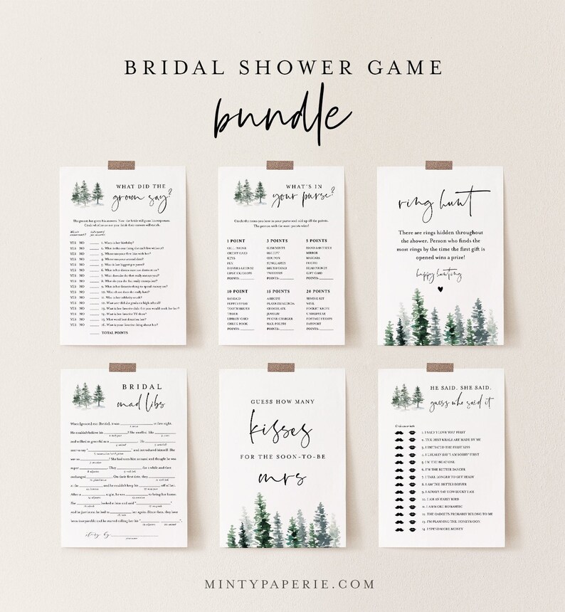Bridal Shower Game Bundle, 12 Editable Templates, INSTANT DOWNLOAD, Customize Name & Questions, Winter Pine Bridal Games, Templett 073BGB image 1