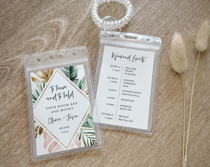 Tropical Room Key Card Tag Template, Itinerary, Agenda, Key Card Pocket, Destination Beach Wedding, Instant Download, Templett #087-108RKH