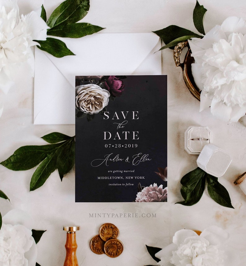 Save the Date Template, Moody Floral, Purple & Cream Floral Wedding Date Card, Instant Download, 100% Editable Text, Templett, DIY 009-143SD image 1