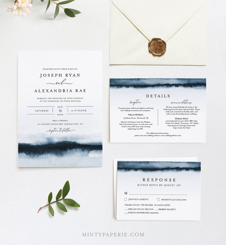 May include: A wedding invitation suite with a blue watercolor design. The invitation card features the names "Joseph Ryan" and "Alexandria Rae" with the date "June 15, 2020" and the time "12 o'clock". The details card includes information about the reception, transportation, and recommended hotels. The response card has a place for guests to RSVP by August 1st and choose their meal option.