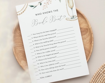 How Well Do You Know the Bride, Who Knows the Couple Best, Pearls and Prosecco Bridal Shower Game, Champagne, Editable Template #0065-03BRG