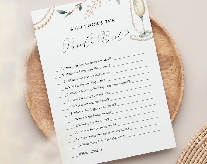 How Well Do You Know the Bride, Who Knows the Couple Best, Pearls and Prosecco Bridal Shower Game, Champagne, Editable Template #0065-03BRG
