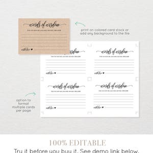 Words of Wisdom Card Template, Wedding Advice Printable Card, Bridal Shower Games, 100% Editable, Instant Download, Digital, DIY 023-106EC image 2