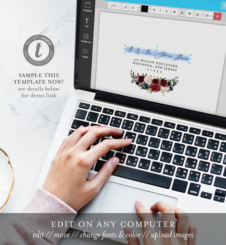 May include: A laptop computer with a white background and a blue and white envelope template displayed on the screen. The envelope template has a floral design with burgundy, navy blue, and white flowers. The text on the envelope reads "Mr. & Mrs. Allen King" and "501 Willow Boulevard, Westwood, New Jersey 07640". The laptop is open and a person's hands are typing on the keyboard. The text "EDIT ON ANY COMPUTER" is displayed below the laptop. The text "edit // move // change fonts & color // upload images" is displayed below the text "EDIT ON ANY COMPUTER".