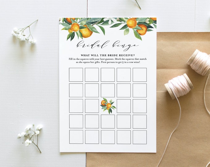 Bridal Bingo Game, Bridal Shower Game Printable, Summer Bridal Shower, Citrus Orange Blossom, Instant Download, Editable, Templett 084-224BG