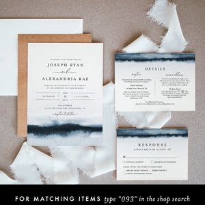 May include: Wedding stationery set with a watercolour design. Includes invitation, details, and response cards. The invitation features the names Joseph Ryan and Alexandria Rae, with wedding details. The text "FOR MATCHING ITEMS type "093" in the shop search" is at the bottom.