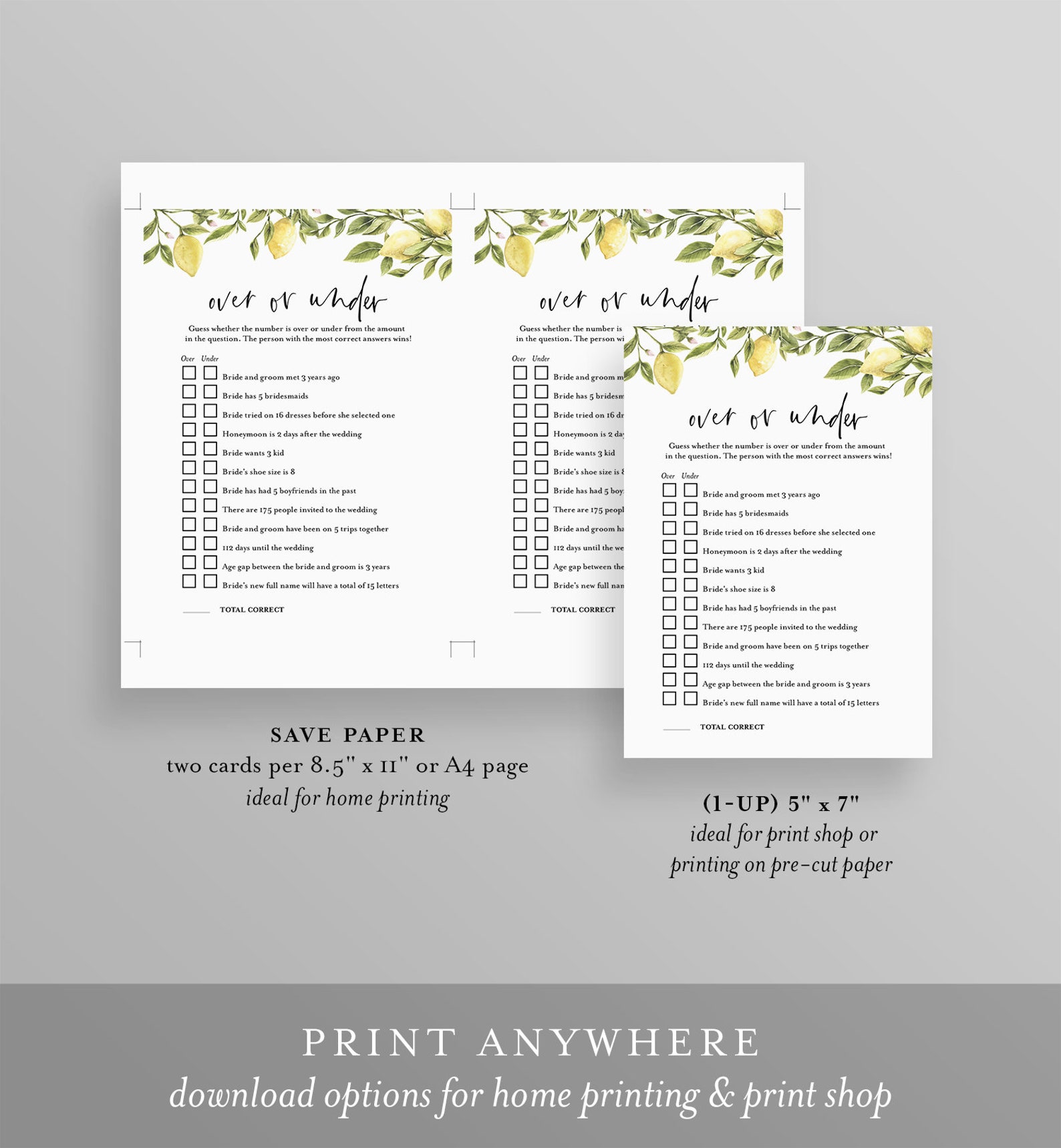 Over or Under Bridal Shower Game Printable Summer Bridal - Etsy