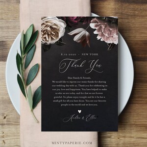 Carta de agradecimiento, Nota de servilleta de boda, Plantilla de tarjeta en lugar de Favor, Tarjeta de recepción de boda, Moody Florals, DESCARGA INSTANTE #009-127TYN