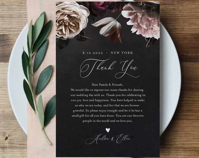 Thank You Letter, Wedding Napkin Note, In Lieu of Favor Card Template, Wedding Reception Card, Moody Florals, INSTANT DOWNLOAD #009-127TYN