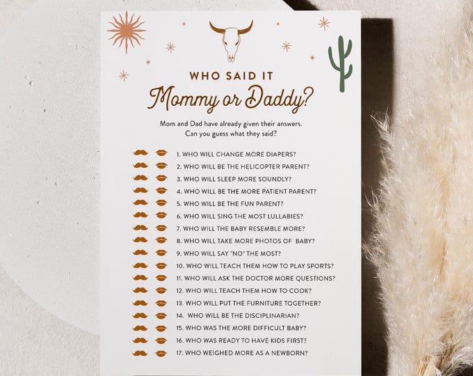 Who Said It, Mommy or Daddy Game, Western Baby Shower, Rodeo, Cowboy, Editable Template, Instant Download, Templett, 5x7 #0040-28BAG