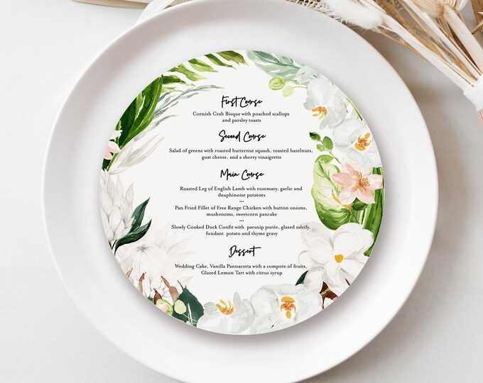Tropical Wedding Menu, Round Menu, Circle Menu, Square Menu, Editable Template, Instant Download, Templett #079-215WM