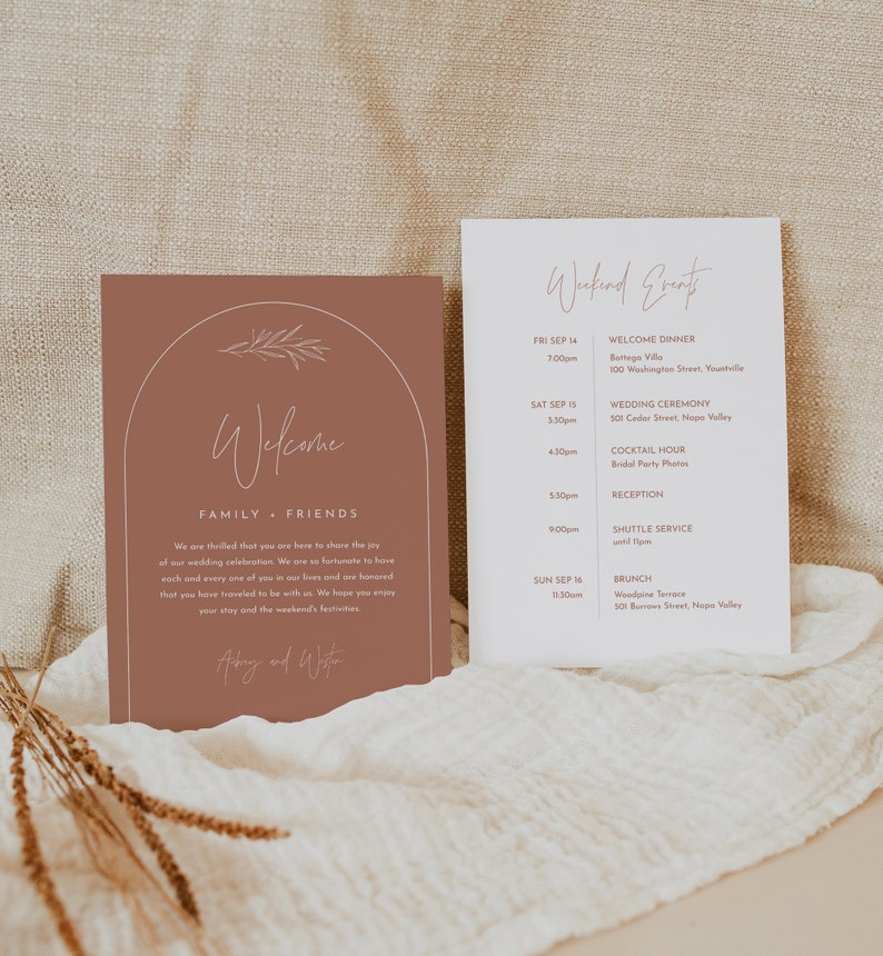 Bohemian Arch Welcome Letter & Timeline Template, Modern Wedding Order of Events, Itinerary, Instant, 100% Editable Text 0030T-182WB image 3