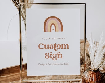 Retro Rainbow Custom Sign Template, Boho Hippie Wedding or Bridal Shower Table Sign, Create Any Sign, INSTANT DOWNLOAD, Templett 025A-188CS