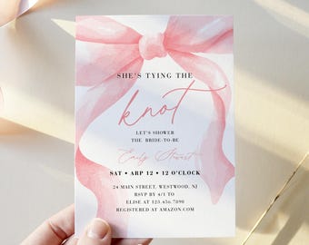 Bow Bridal Shower Invitation Template, Coquette Pink Watercolor Ribbon Wedding Shower Invite, Editable Text #0057-357BS
