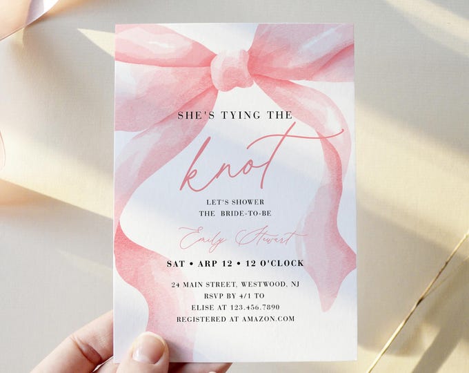 Bow Bridal Shower Invitation Template, Coquette Pink Watercolor Ribbon Wedding Shower Invite, Editable Text #0057-357BS