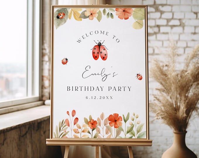 Ladybug Birthday Party Welcome Sign, 1st Birthday, Girl Birthday, Editable Template, Instant Download, Templett, 18x24, 24x36 #0069-366LS