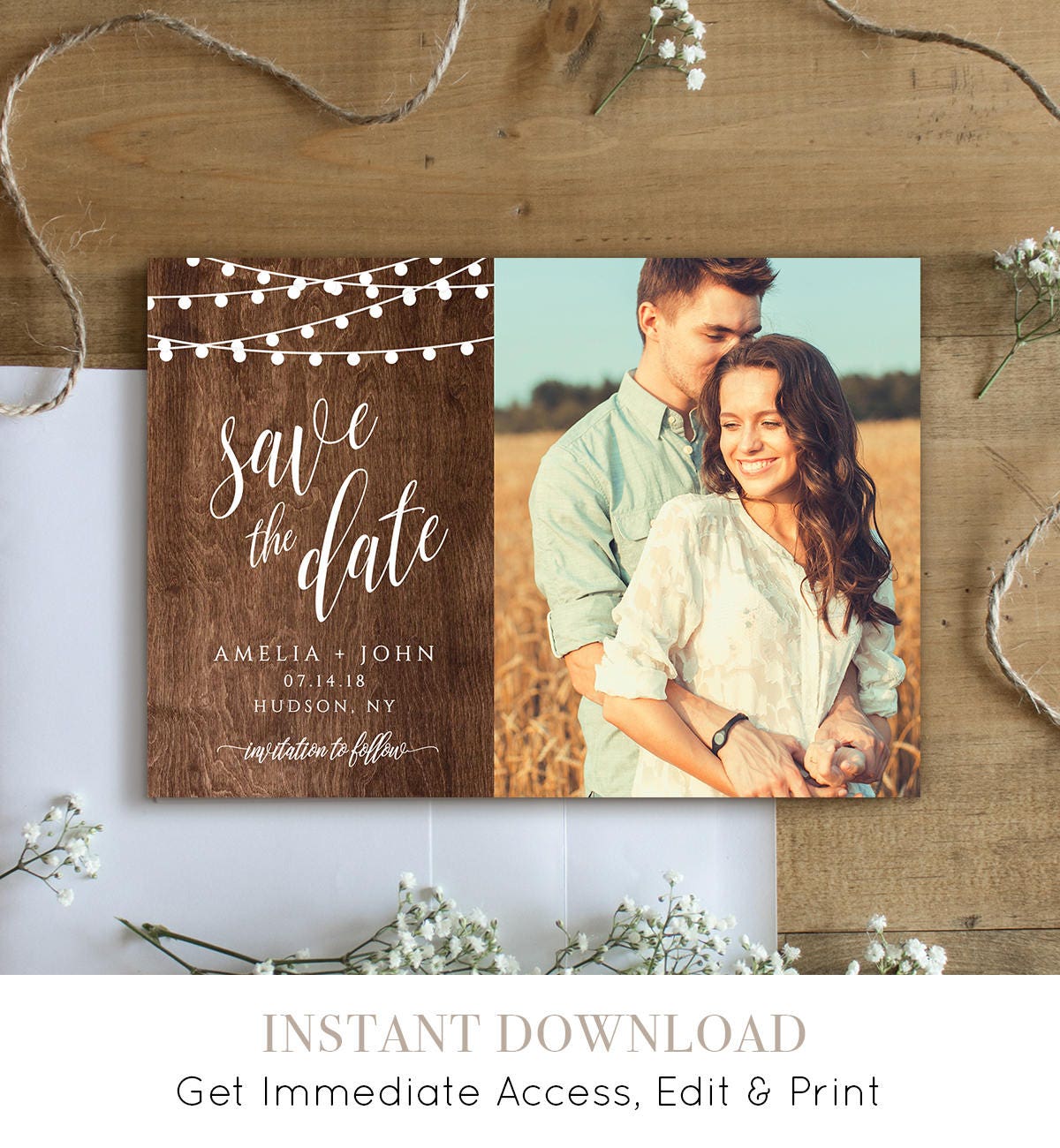 Rustic Save the Date Template, Printable Photo Card, 100% Editable, String  Lights & Wood Background, Instant Download, Templett #014-205SD