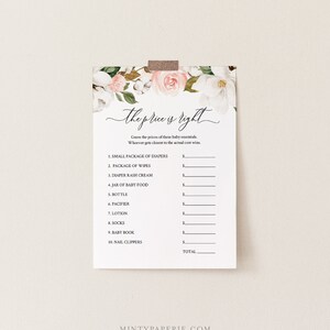 May include: A printable baby shower game with a floral design. The game is called "The Price is Right" and asks guests to guess the prices of various baby essentials, such as diapers, wipes, rash cream, baby food, a bottle, a pacifier, lotion, socks, a baby book, and nail clippers.