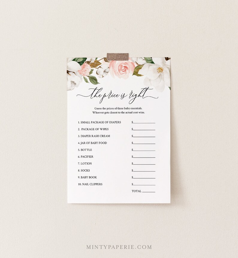 May include: A printable baby shower game with a floral design. The game is called "The Price is Right" and asks guests to guess the prices of various baby essentials, such as diapers, wipes, rash cream, baby food, a bottle, a pacifier, lotion, socks, a baby book, and nail clippers.