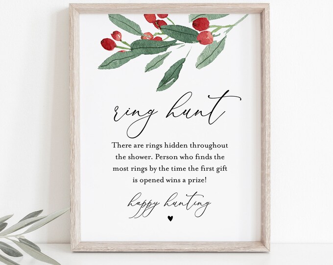 Ring Hunt Bridal Shower Game, Ring Game, Winter Holly Bridal Shower Printable, Editable Template, Instant Download, Templett #071-200BG