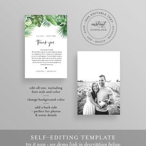May include: A digital template for a wedding thank you card with a tropical leaf design. The text on the card reads "Thank you" and includes the date "6.12.2020" and the location "New York". The text also includes the names "Lindsey" and "Bradley". The template is fully editable and includes instructions for editing the text, font style, color, background color, and adding a back side with photos and event details.