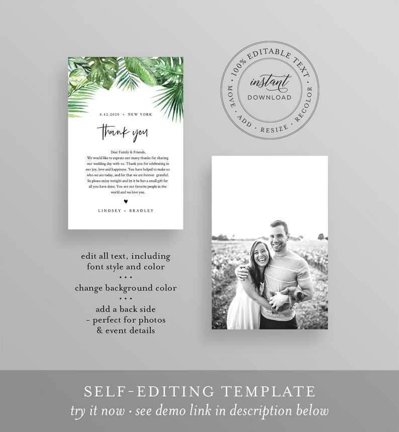 May include: A digital template for a wedding thank you card with a tropical leaf design. The text on the card reads "Thank you" and includes the date "6.12.2020" and the location "New York". The text also includes the names "Lindsey" and "Bradley". The template is fully editable and includes instructions for editing the text, font style, color, background color, and adding a back side with photos and event details.
