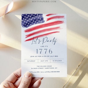 4th of July Party Invitation, Printable Fourth of July Patriotic BBQ Invite, American Flag, Evite, Editable Template, Templett #0037-102IN