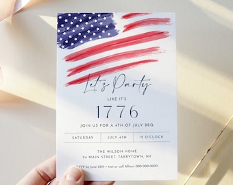 4th of July Party Invitation, Printable Fourth of July Patriotic BBQ Invite, American Flag, Evite, Editable Template, Templett #0037-102IN