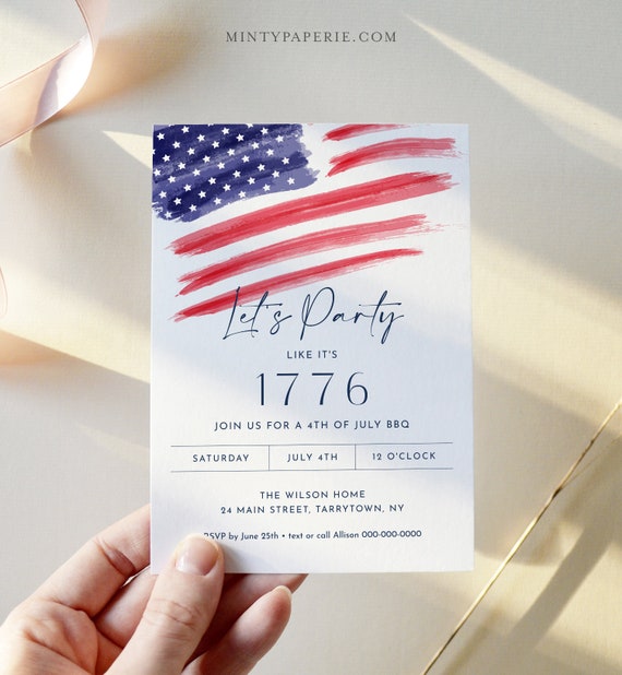 4th of July Party Invitation, Printable Fourth of July Patriotic BBQ Invite, American Flag, Evite, Editable Template, Templett #0037-102IN