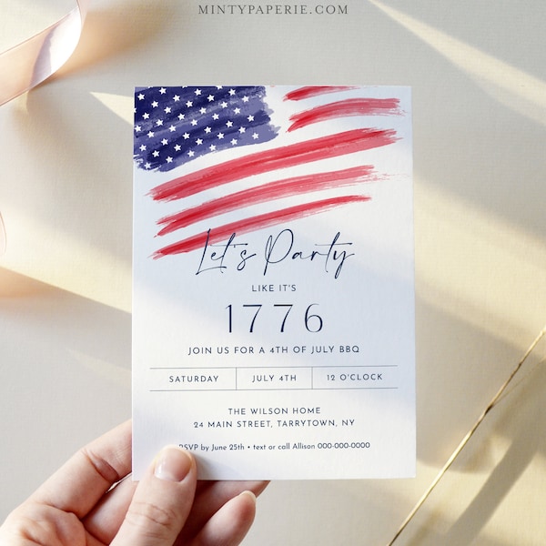 4th of July Party Invitation, Printable Fourth of July Patriotic BBQ Invite, American Flag, Evite, Editable Template, Templett #0037-102IN