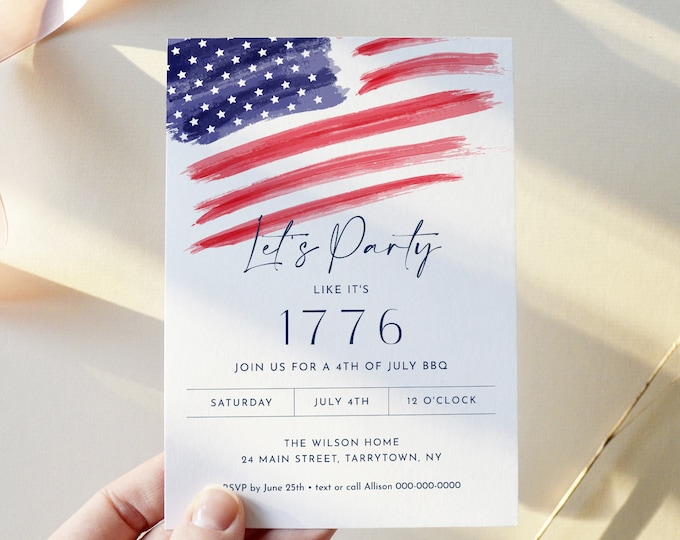 4th of July Party Invitation, Printable Fourth of July Patriotic BBQ Invite, American Flag, Evite, Editable Template, Templett #0037-102IN