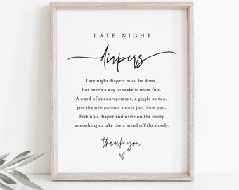 Late Night Diapers Sign, Minimalist Baby Shower Game, Modern Diaper Notes, Editable Template, Instant Download, Templett, 8x10 #0009-271BASG