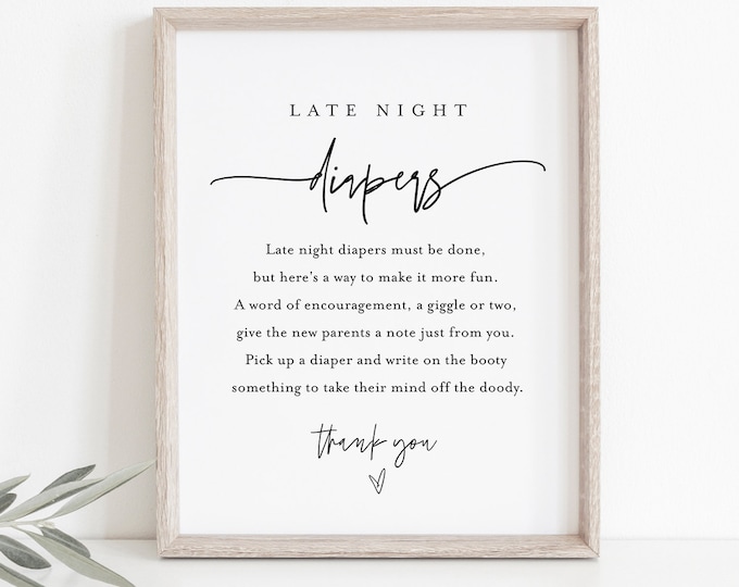 Late Night Diapers Sign, Minimalist Baby Shower Game, Modern Diaper Notes, Editable Template, Instant Download, Templett, 8x10 #0009-271BASG