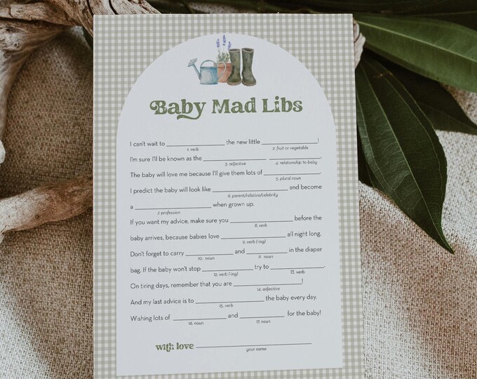 Baby Shower Mad Libs Game, Locally Grown Baby Shower Mad Libs Game, Gender Neutral, Garden, Printable, Instant Download, Templett 0059-32BAG