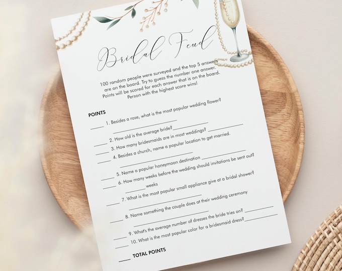 Bridal Family Feud Game, Wedding Feud, Pearl and Prosecco Bridal Shower Game, Editable Template, Instant Download, Templett #0065-28BRG