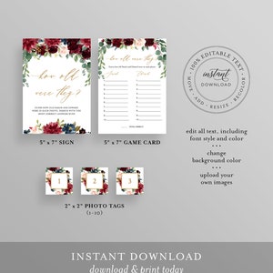 May include: Printable game card with a floral design in shades of burgundy, pink, and blue. The card is titled "How old were they?" and includes a grid for guessing ages. The card is 5 inches by 7 inches.