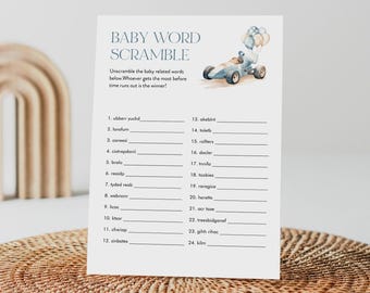 Baby Word Scramble Game, Printable Baby Word Puzzle, Vintage Race Car Boy Baby Shower Game, Editable Template, Instant #0068-14BAG