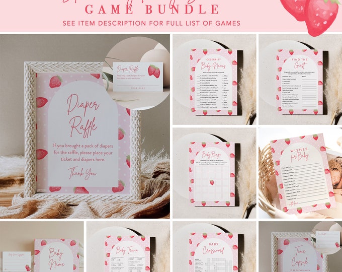 Strawberry Baby Shower Game Bundle, 28 Games, Summer Baby Shower, Editable Template, Personalize, Instant Download, Templett #0041-BBGB