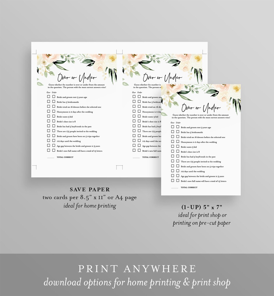 Over or Under Bridal Shower Game Template Editable Questions - Etsy
