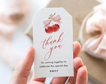 Cherry Favor Tag Template, Coquette Bow Thank You Tag, Bridal Shower Tag, Birthday, Instant Download, Editable Text, Templett #0056-248FT