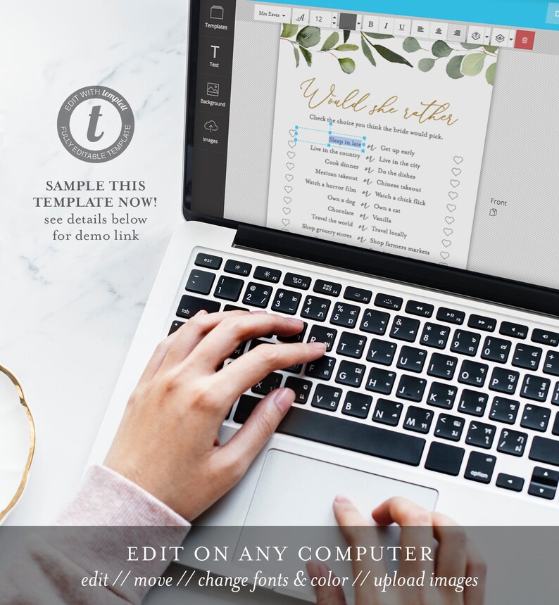 May include: A digital template for a "Would She Rather" bridal shower game. The template features a white background with green foliage and gold text. The game asks guests to choose between two options for each question, such as "Sleep in late" or "Get up early".