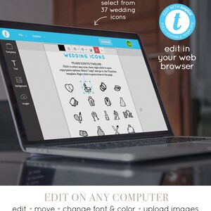 May include: A laptop screen displaying a website with a collection of 37 wedding icons. The icons are black and white and include images of a church, rings, a dress, a cake, and more. The text on the screen reads "Wedding Icons" and "To add icon to timeline".