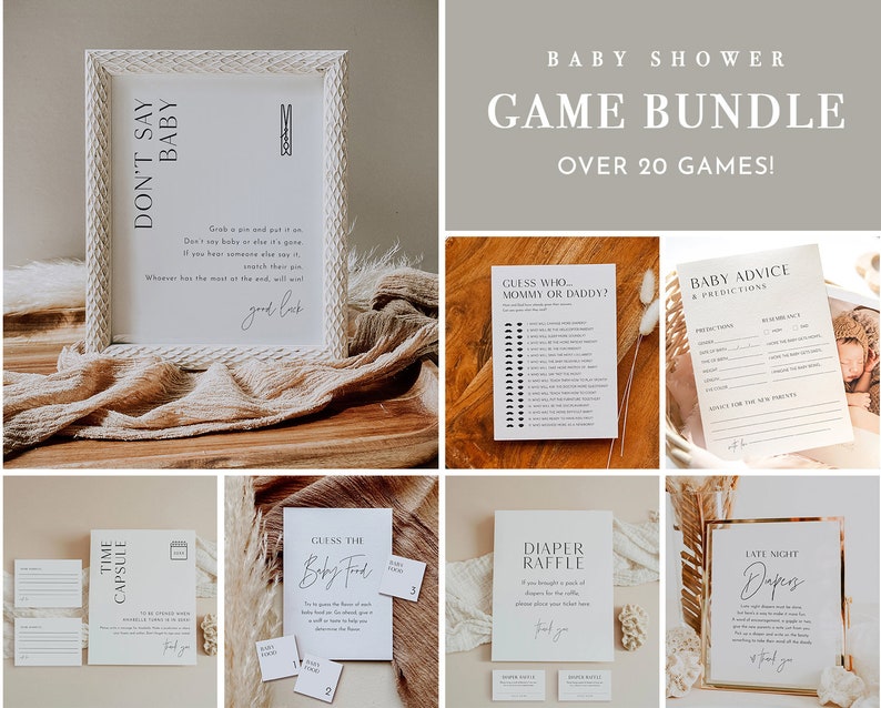 Modern Baby Bundle, 35 Minimalist Baby Shower Games, Editable Template, Personalize, Advice, Diaper Raffle, Instant, Templett #0026-BBGB image 1