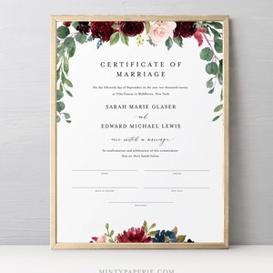 Certificate of Marriage, Wedding Keepsake, Editable Text, Boho Burgundy Floral Wedding Certificate, Instant Download, 8x10, 16x20 062-101MC image 2