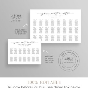 May include: Editable wedding seating chart template in two sizes: 18 inches by 24 inches and 24 inches by 36 inches. The template features a simple, modern design with the text "your seat awaits" and the names "Elizabeth & Adam" at the top. The chart is divided into tables with numbers and guest names listed underneath.